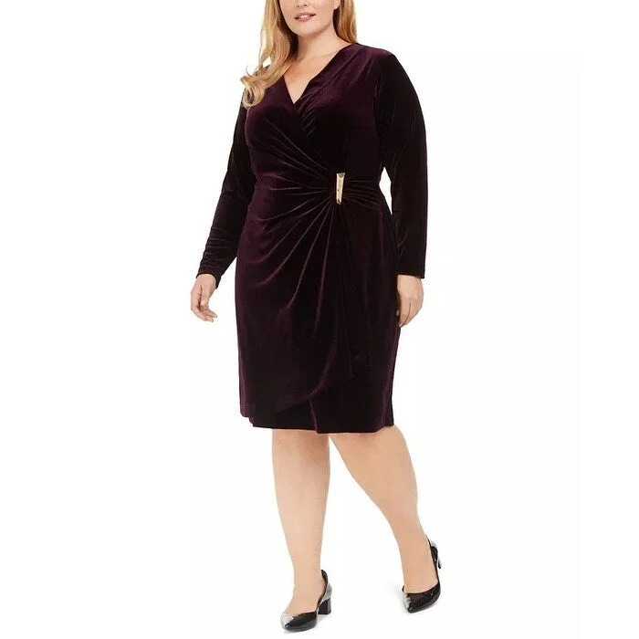 Women's Casual Travel Solid Color Dresses-Calvin Klein Women's Plus Velvet Wrap Sheath Dress Purple Size 18W