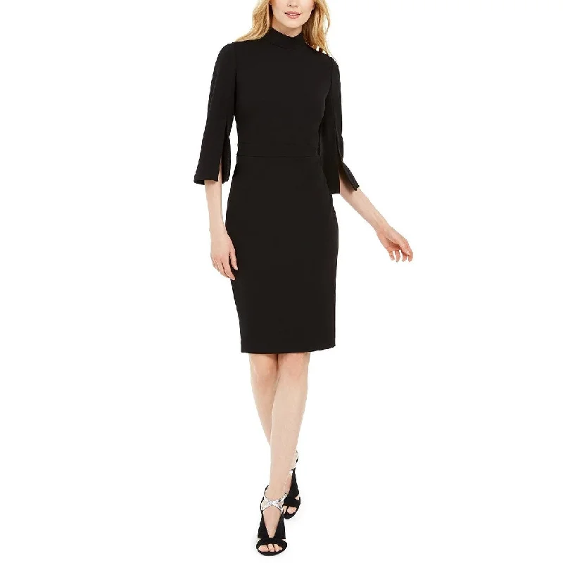 Women's Casual Weekend Solid Color Dresses-Calvin Klein Women's Split-Sleeve Sheath Dress Black Size 14