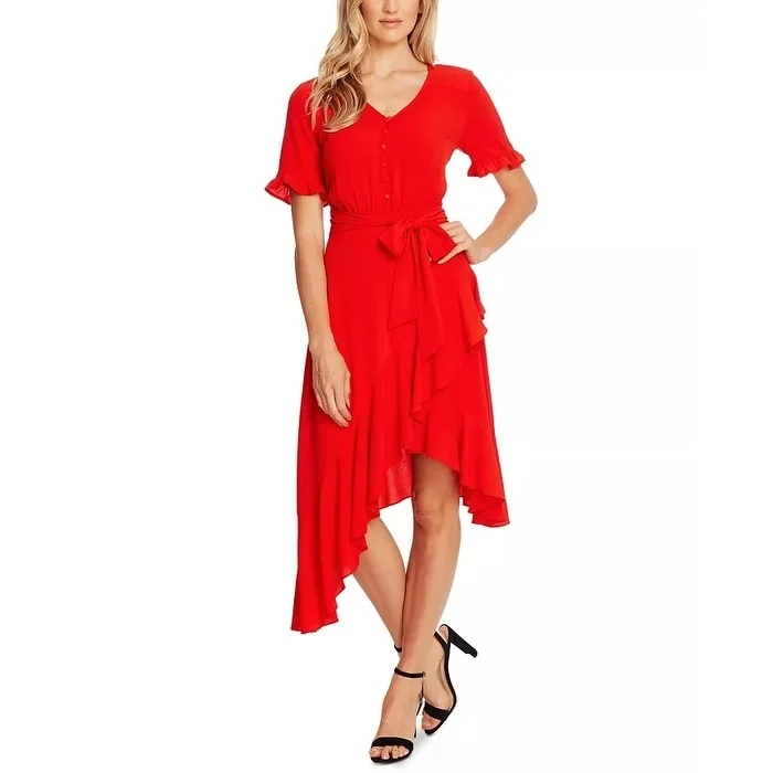 Women's Casual Wrap Solid Color Dresses-CeCe Women's Ruffle Belted High Low Dress Medium Red Size 14