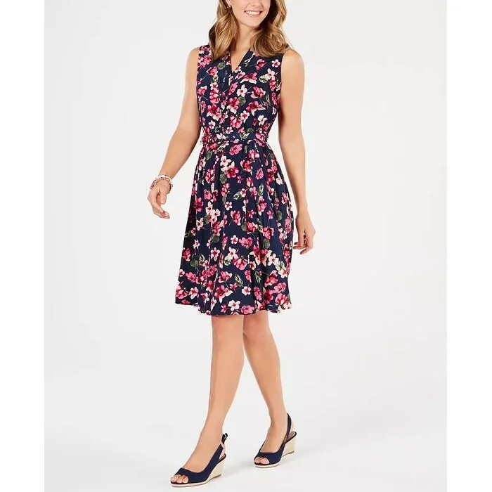 Women's Casual Maxi Solid Color Dresses-Charter Club Women's Belted Floral-Print A-Line Dress Blue Size 16