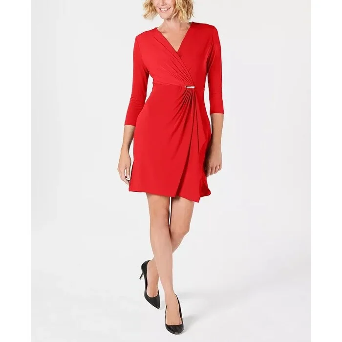 Women's Casual Belted Dresses-Charter Club Women's Faux Wrap Dress Wine Size Petite Medium - Petite Medium