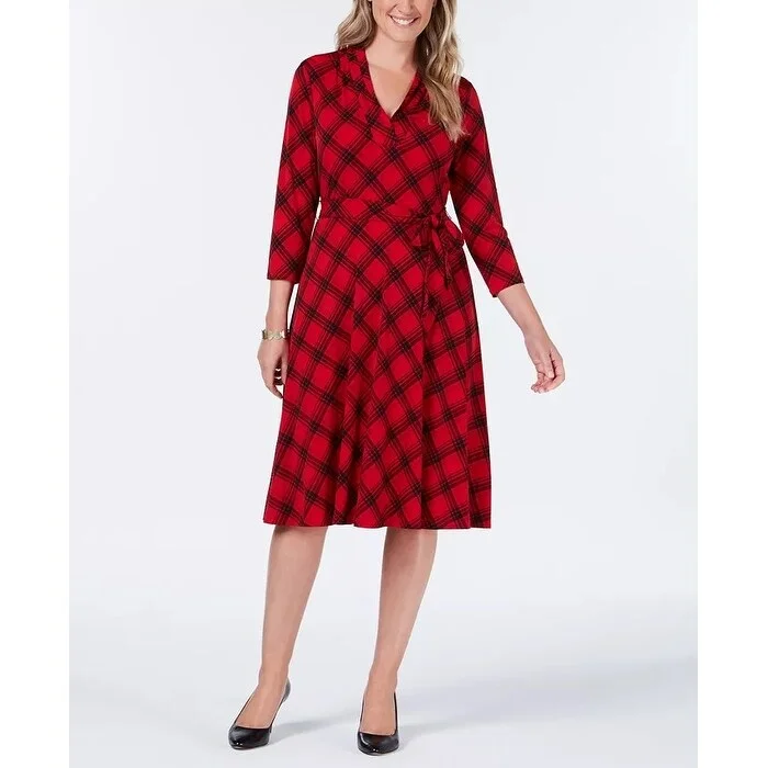 Women's Casual Weekend Print Dresses-Charter Club Women's Plaid V-Neck Dress Red Size Medium