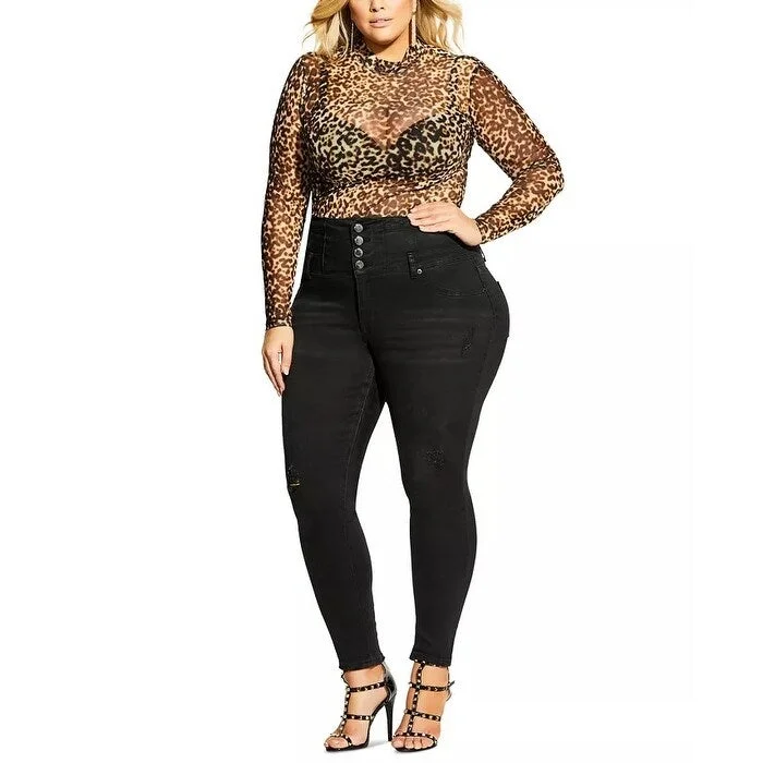 Women's Casual Ruched Dresses-City Chic Women's Trendy Animal Print Mesh Bodysuit Black Size 20W