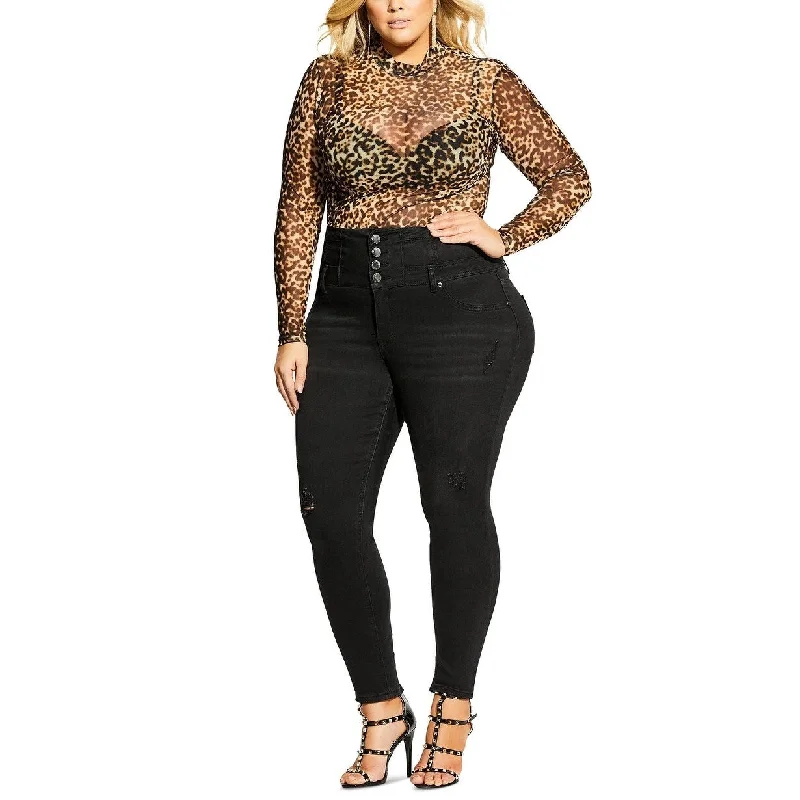 Women's Casual Long Sleeve Dresses-City Chic Women's Trendy Animal-Print Mesh Bodysuit Black Size 24W