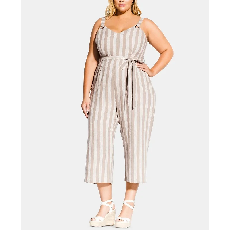 Women's Casual Strapless Dresses-City Chic Women's Trendy Plus Size Carmine Striped Cropped Jumpsuit White Size 20