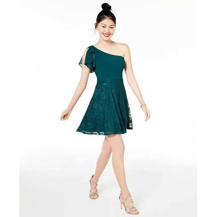 Women's Casual Summer Dresses-City Studios Juniors' Lace & Chiffon One-Shoulder Dress Green Size 11