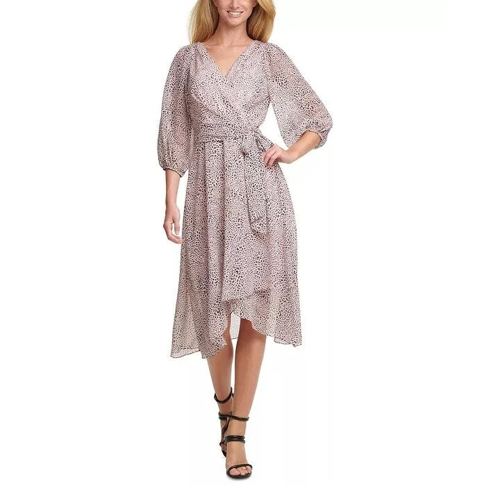 Women's Casual Ruffle Dresses-DKNY Women's Printed Balloon-Sleeve Wrap DressPink Size 14