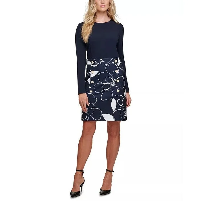 Women's Casual Breezy Dresses-DKNY Women's Printed-Skirt Sheath Dress Dark Blue Size 14