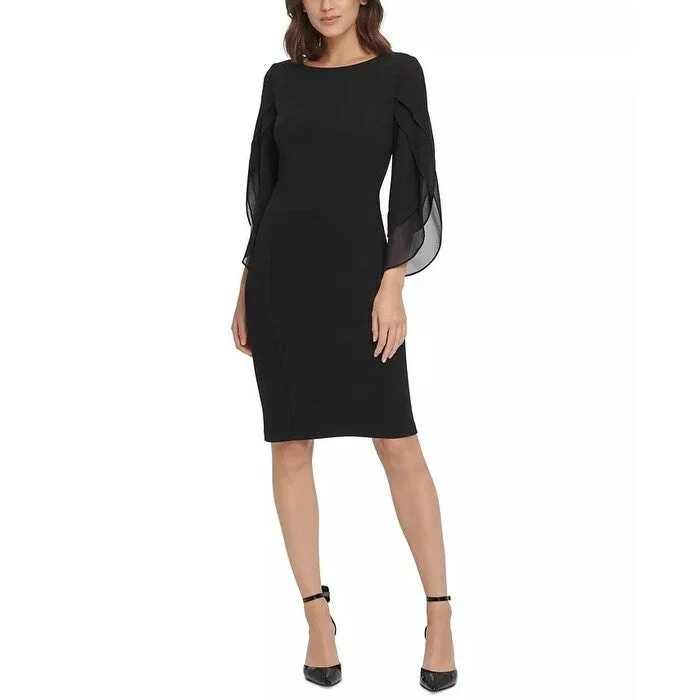 Women's Casual Zip-Up Dresses-DKNY Women's Sheath With 3/4 Chiffon Sleeves Black Size 8