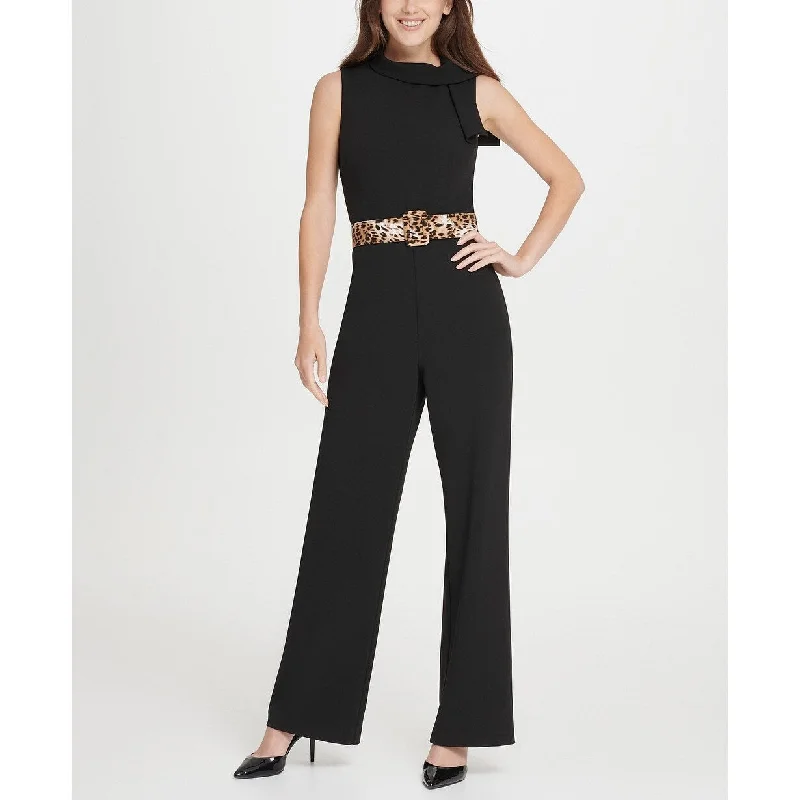 Women's Casual Shift Solid Color Dresses-DKNY Women's Tie Neck Leopard Belt Jumpsuit Black Size 14