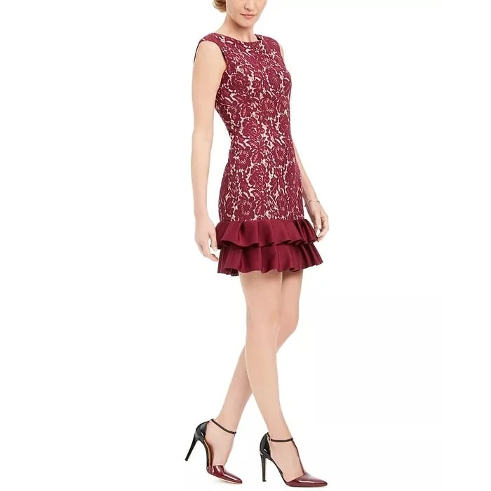 Women's Casual Mini Dresses-Donna Ricco Women's Ruffle-Hem Lace Sheath Dress Red Size Small