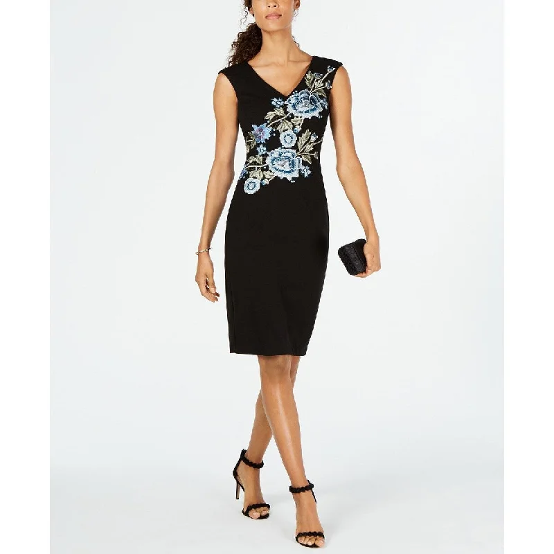 Women's Casual Weekend Dresses-Ivanka Trump Women's Floral-Embroidered Sheath Dress Black Size 10