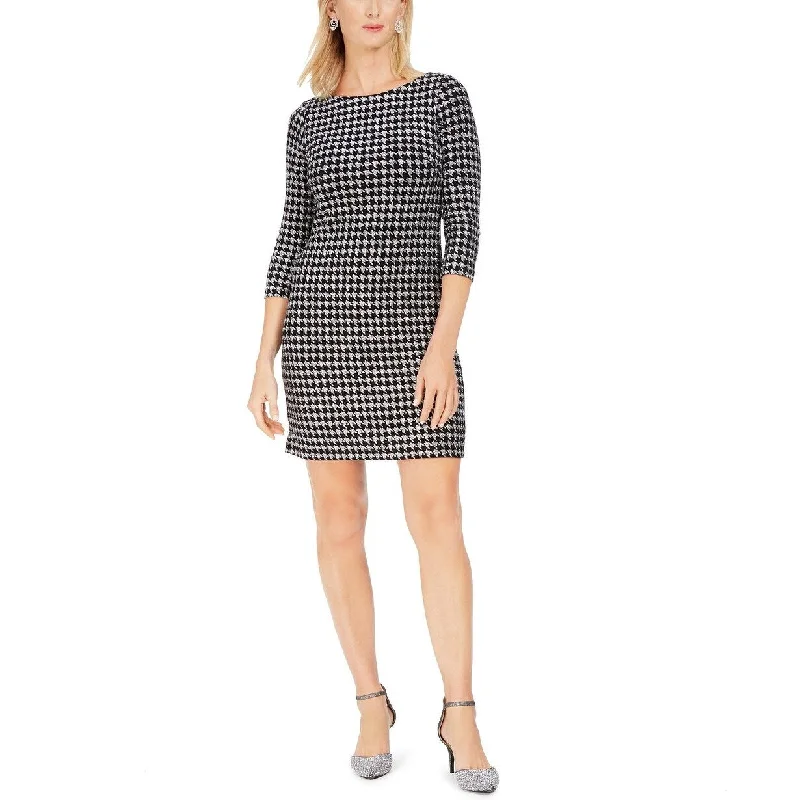 Women's Casual Print Dresses-Jessica Howard Women's Glitter Houndstooth Sheath Dress Silver Size 6