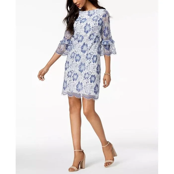 Women's Casual Day Print Dresses-Jessica Howard Women's Lace Bell Sleeve Dress Blue Size 14 Petite - 14 Petite