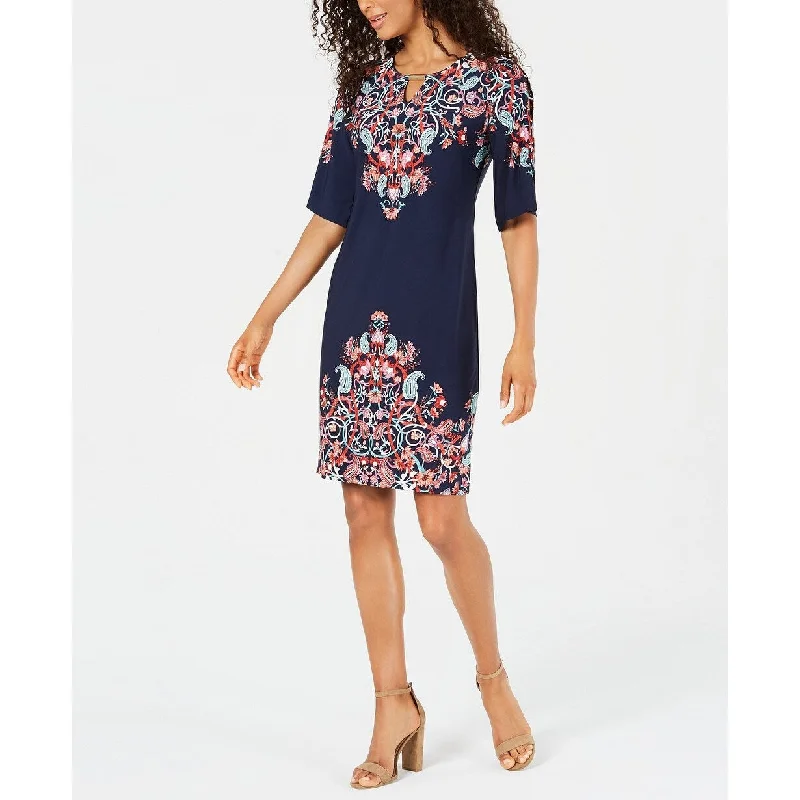 Women's Casual Swing Floral Dresses-JM Collection Women's Collection Floral-Print Studded Dress Navy Size Extra Large