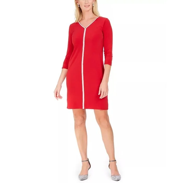 Women's Casual Shirt Solid Color Dresses-JM Collection Women's Embellished Trim Dress Red Size Petite Medium - Petite Medium