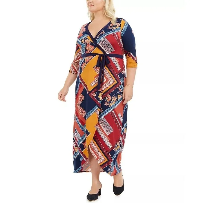 Women's Casual Spaghetti Strap Dresses-Love Squared Women's Plus Size Printed Faux-Wrap Dress Dark Blue Size 3X