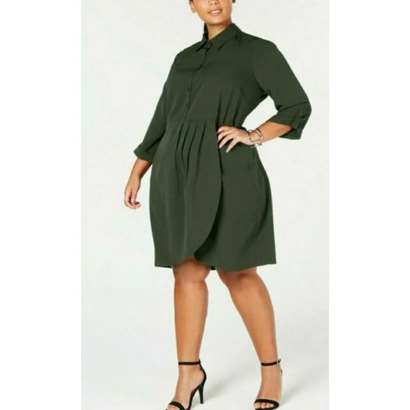 Women's Casual Kimono Sleeve Dresses-Love Squared Women's Trendy Plus Size Cascade Wrap Shirtdress Green Size 2 Extra Large