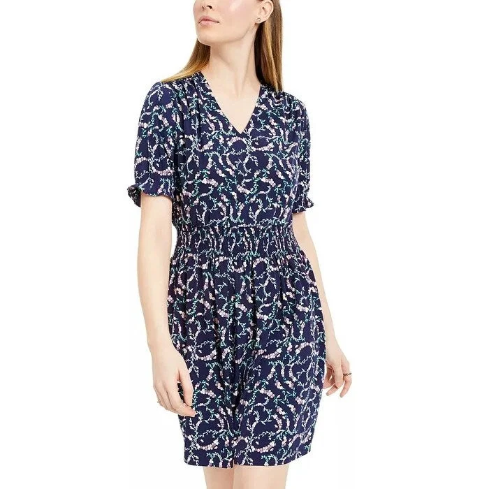 Women's Casual Shopping Dresses-Maison Jules Women's Floral-Print Smocked-Waist Dress Navy Size Medium