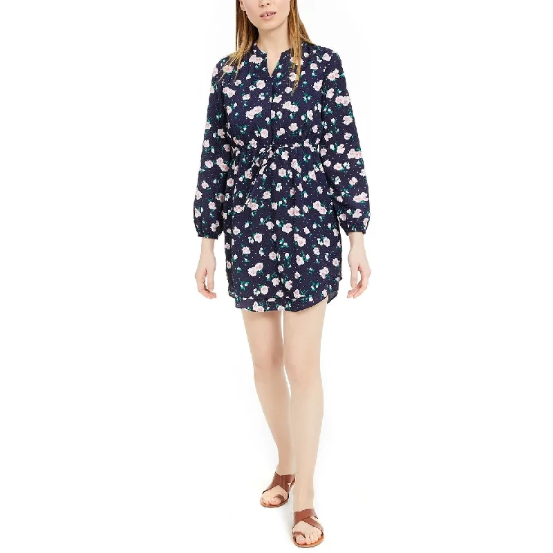 Women's Casual Vacation Solid Color Dresses-Maison Jules Women's Printed Double-Hem Split-Neck Dress Navy Size Medium