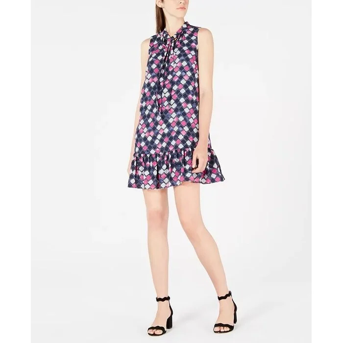 Women's Casual Tank Floral Dresses-Maison Jules Women's Printed Ruffle Tie-Neck Dress Navy Size Medium