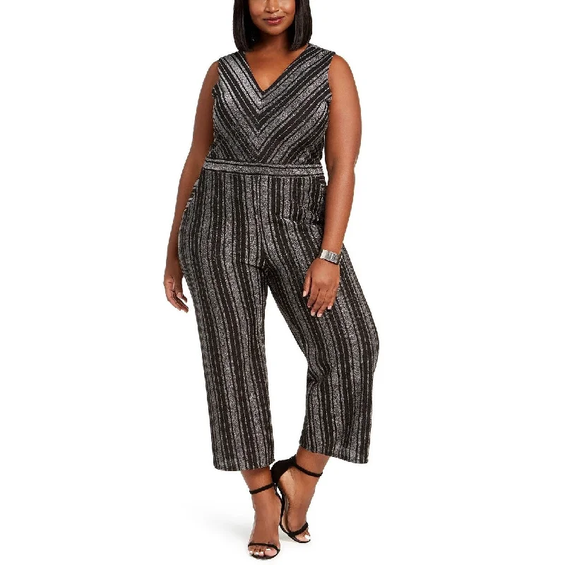 Women's Casual Picnic Dresses-Monteau Women's Trendy Plus Size Glitter-Stripe Jumpsuit Black Size 1X