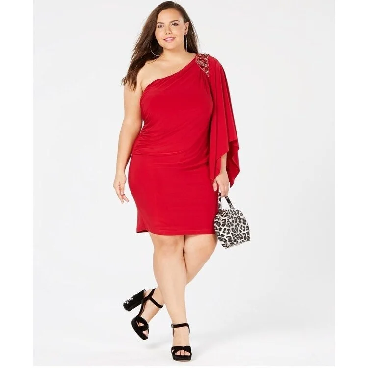 Women's Casual Work Dresses-Morgan & Company Women's Plus Size One-Shouldered Dress Red Size 18W