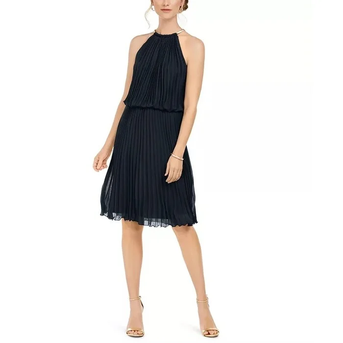 Women's Casual Office Dresses-MSK Women's Petite Pleated A-Line Dress Navy Size 12 P - 12 Petite