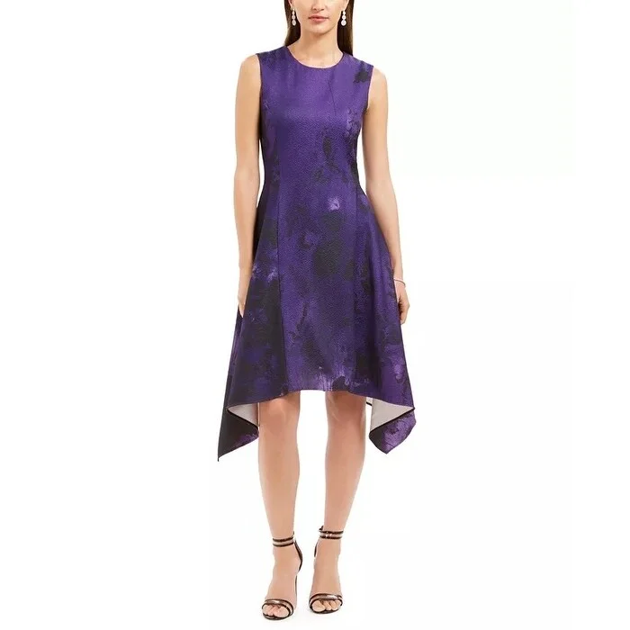 Women's Casual Midi Solid Color Dresses-N Natori Women's Abstract Floral Jacquard A-Line Dress Purple Size 14