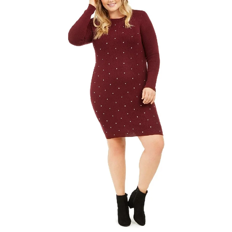 Women's Casual Travel Print Dresses-Planet Gold Women's Derek Heart Trendy Plus Size Studded Sweater Dress Red Size 3X