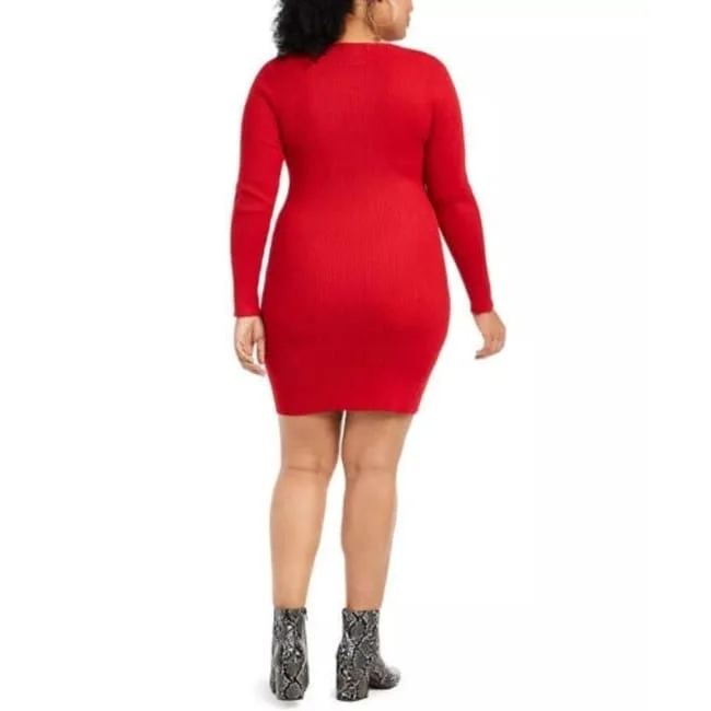 Women's Casual Work Dresses-Planet Gold Women's Plus Size Trendy Zip-Front Sweater Dress Red Size 1X