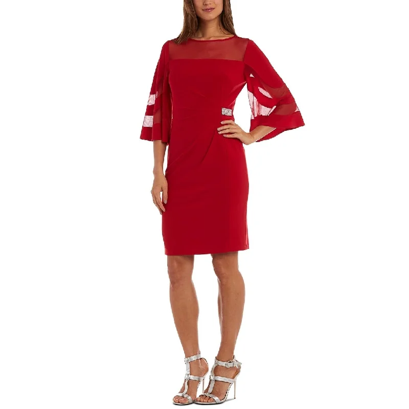 Women's Casual Wrap Dresses-R & M Richards Women's Petite Illusion Detail Bell Sleeve Dress Red Size 1