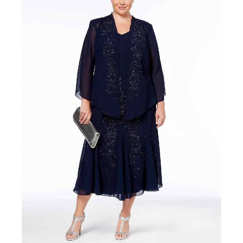 Women's Casual Tiered Dresses-R & M Richards Women's Plus Beaded V Neck Dress And Jacket Navy Size 24W