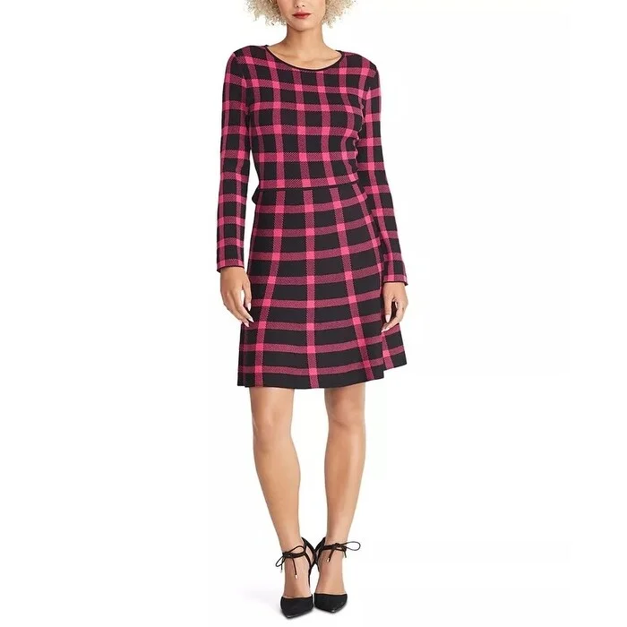 Women's Casual A-Line Dresses-Rachel Roy Women's Plaid Open-Back Sweater Dress Black Size Small