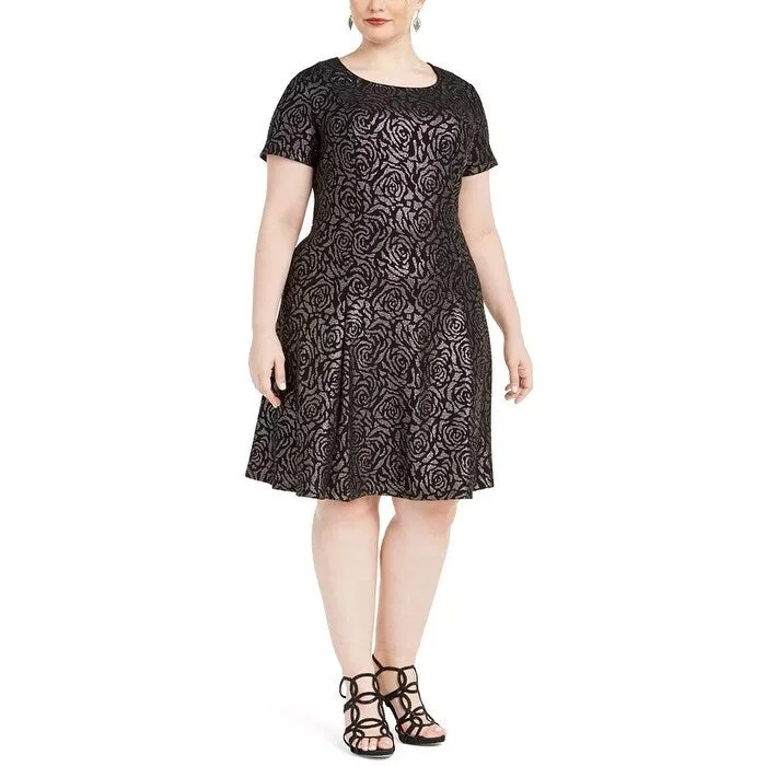 Women's Casual Tiered Dresses-Robbie Bee Women's Plus Metallic Rose Printed Dress Black Size 1X