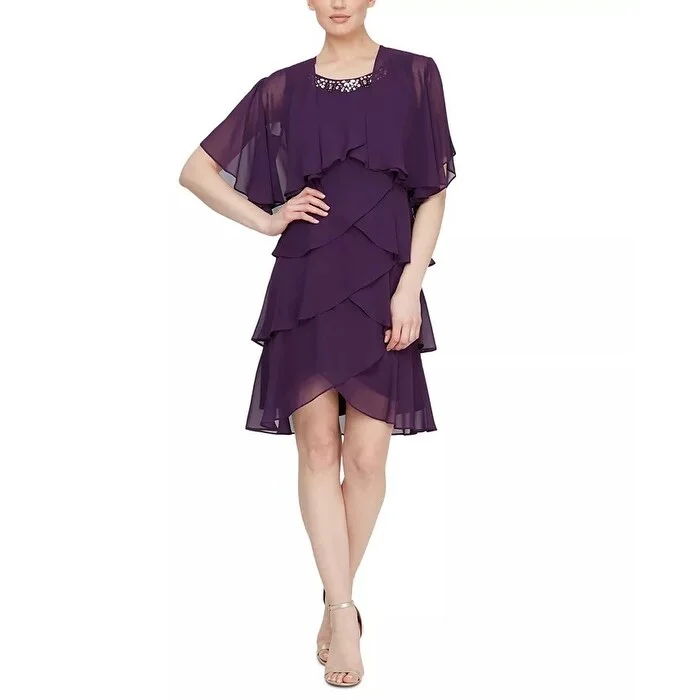 Women's Casual Fashion Dresses-SL Fashions Women's Tiered Chiffon Dress & Capelet Purple Size 10