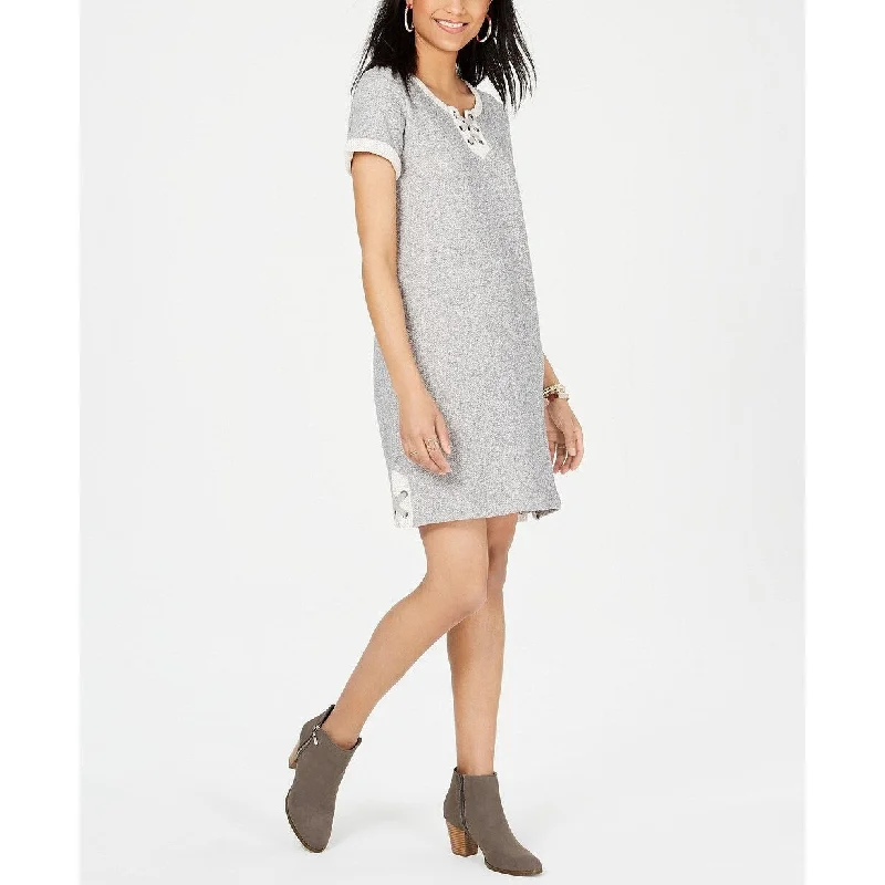 Women's Casual Date Print Dresses-Style & Co Women's Petite Lace-Up T-Shirt Dress Grey Size Small