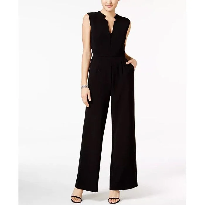 Women's Casual Travel Print Dresses-Tahari ASL Women's Sleeveless Crepe Wide-Leg Jumpsuit Black Size 6