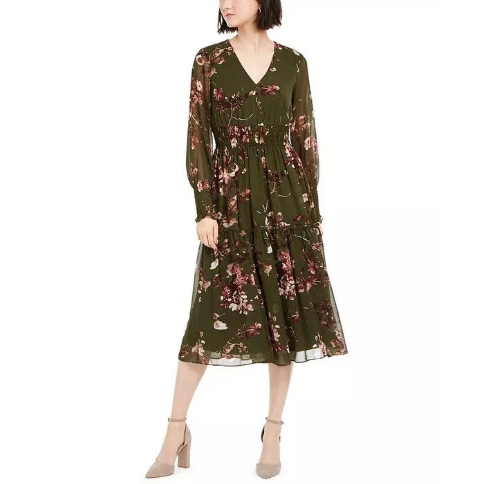 Women's Casual Hoodie Dresses-Taylor Women's Floral Print V Neck Dress Medium Green Size 6