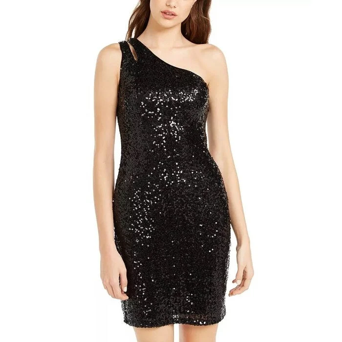 Women's Casual Glitter Dresses-Teeze Me Juniors' One-Shoulder Sequin Dress Black Size 13