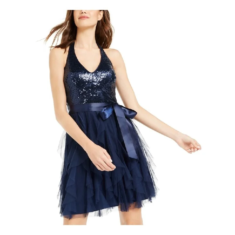 Women's Casual Day Solid Color Dresses-Teeze Me Juniors' Sequin-Top Ruffled Dress Navy Size 15