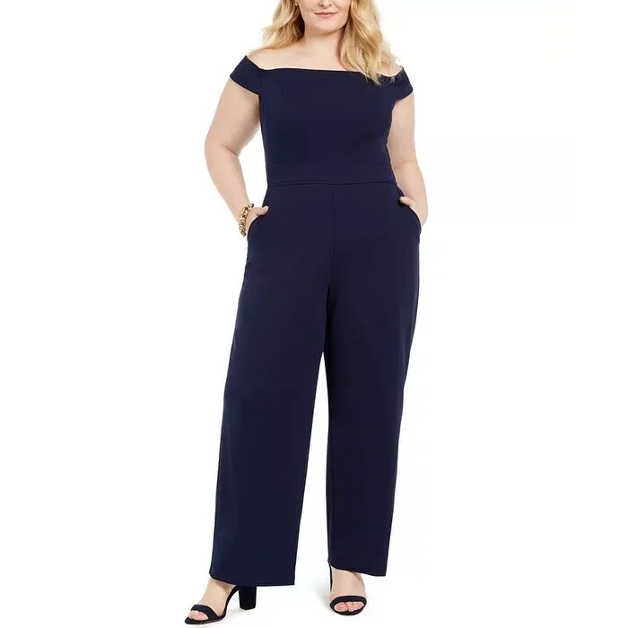 Women's Casual Fitted Dresses-Teeze Me Women's Trendy Plus Off The Shoulder Jumpsuit Navy Size 16