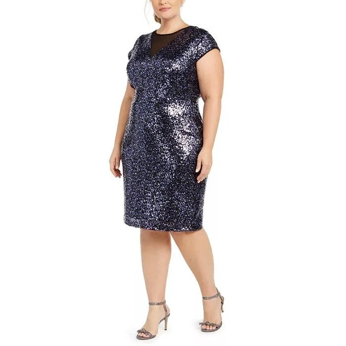 Women's Casual Family Gathering Dresses-Teeze Me Women's Trendy Plus Sequin Dress Navy Size 20