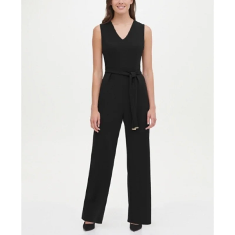 Women's Casual Midi Beach Dresses-Tommy Hilfiger Women's Belted V-Neck Jumpsuit Black Size 14