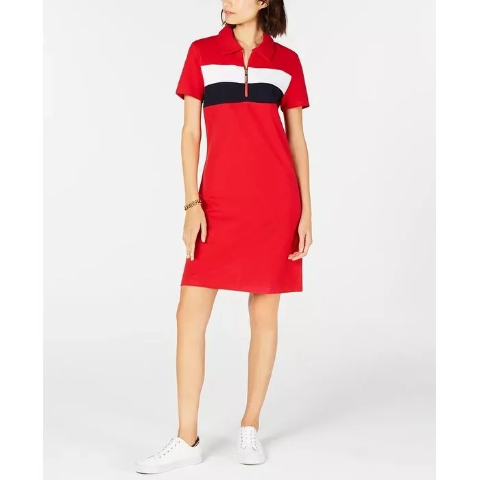 Women's Casual Midi Floral Dresses-Tommy Hilfiger Women's Colorblocked Zip Neck Polo Dress Red Size M - Medium