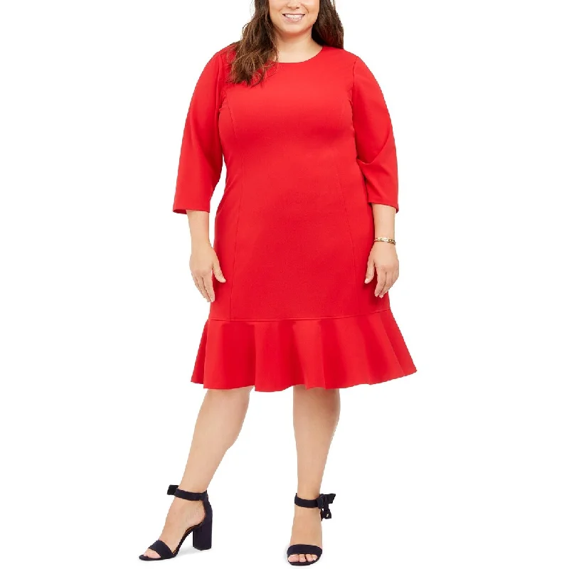 Women's Casual Concert Solid Color Dresses-Tommy Hilfiger Women's Plus Size Ruffled-Hem A-Line Dress Red Size 20