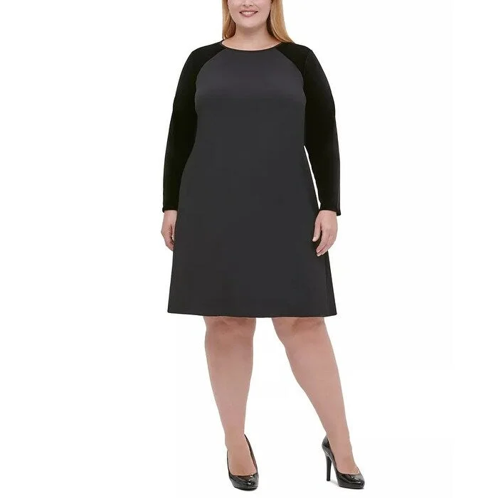 Women's Casual Errand Dresses-Tommy Hilfiger Women's Plus Velvet Sleeve A Line Dress Black Size 22W