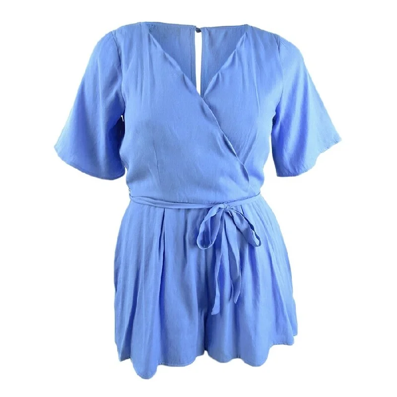 Women's Casual Vacation Floral Dresses-Trixxi Juniors' Scalloped Wrap Romper Med Blue Size Medium