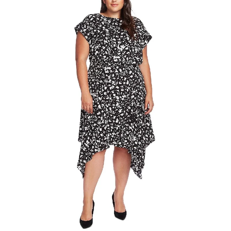 Women's Casual Park Floral Dresses-Vince Camuto Women's Print Handkerchief Hem Dress Black Size 18