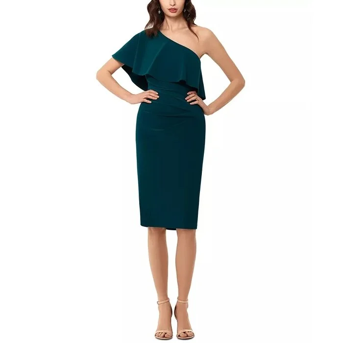 Women's Casual Cold Shoulder Dresses-Xscape Women's One-Shoulder Ruffle Dress Med Green Size 14